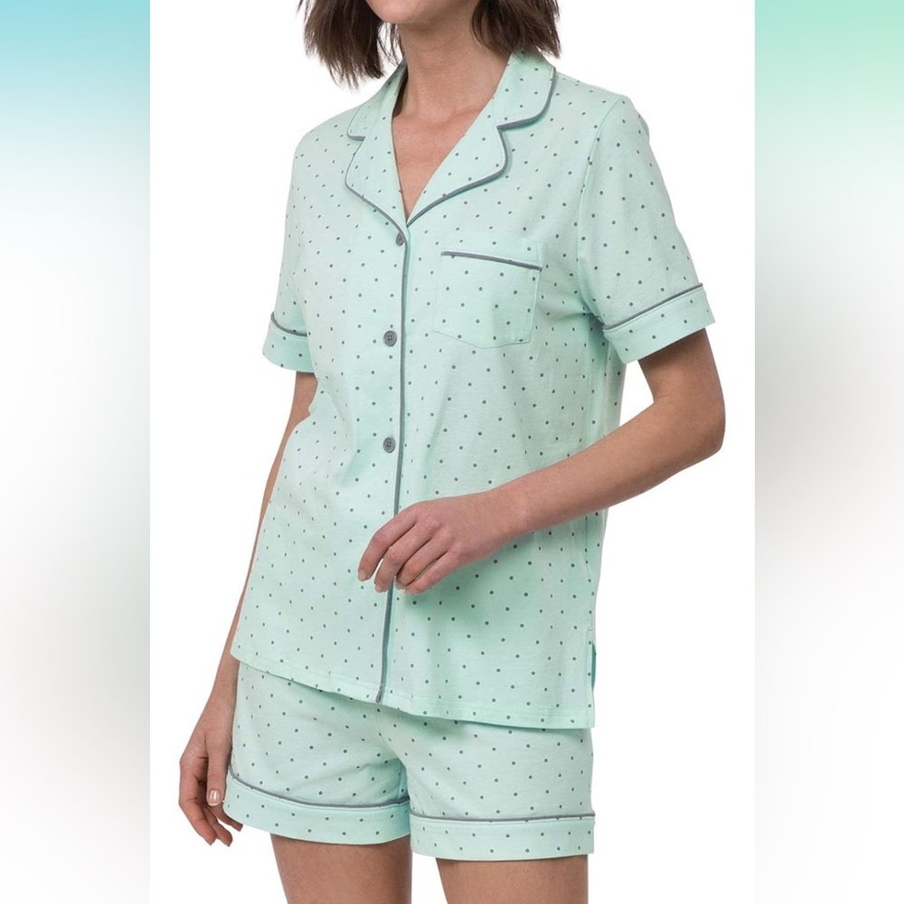 PajamaGram Women's Mint Polka Dot Notch Collar Pajama Shorts Set Cotton
